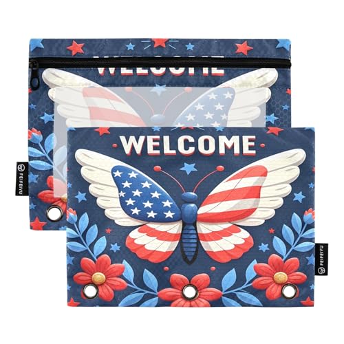 Nexawaveo Patriotic Butterfly Federmäppchen-Set für 3-Ringbinder, glatter Reißverschluss mit transparentem PVC-Fenster, Federmäppchen für Schulbedarf, Marineblau, 2 Stück von Nexawaveo