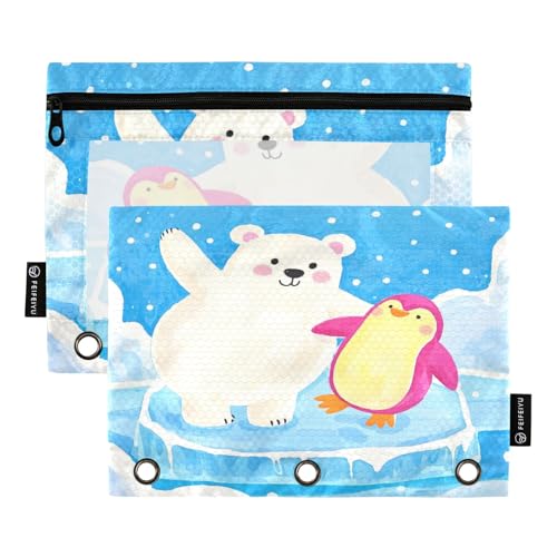 Nexawaveo Pinguin und Polar Beat Federmäppchen-Set für 3-Ringbuch, glatter Reißverschluss mit transparentem PVC-Fenster, Federmäppchen für Schulbedarf, 2 Stück von Nexawaveo