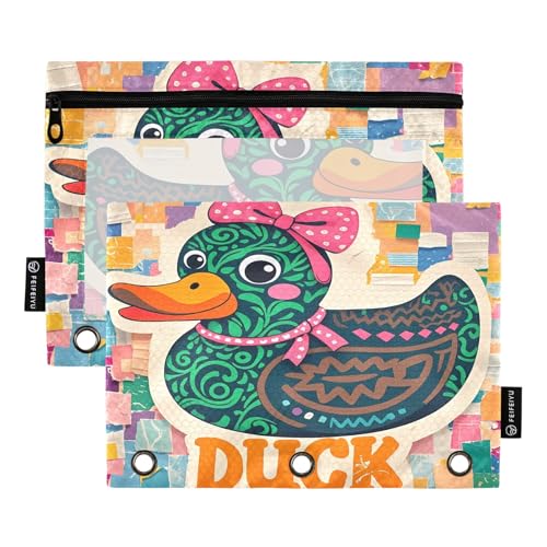 Nexawaveo Popart Duck Federmäppchen-Set für 3-Ringbinder, glatter Reißverschluss mit transparentem PVC-Fenster, Federmäppchen für Schulbedarf, mehrfarbig, 2 Stück von Nexawaveo