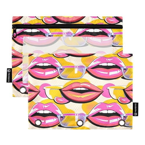 Nexawaveo Popart Federmäppchen-Set Lippen, Gelb, 2 Stück, für 3-Ringbinder, glatter Reißverschluss mit transparentem PVC-Fenster, Federmäppchen für Schulbedarf von Nexawaveo
