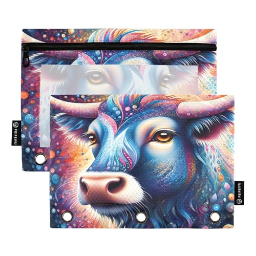 Nexawaveo Psychedelic Highland Cow Vivid Federmäppchen-Set für 3-Ringbuch, glatter Reißverschluss mit transparentem PVC-Fenster, Federmäppchen für Schulbedarf, 2 Stück von Nexawaveo