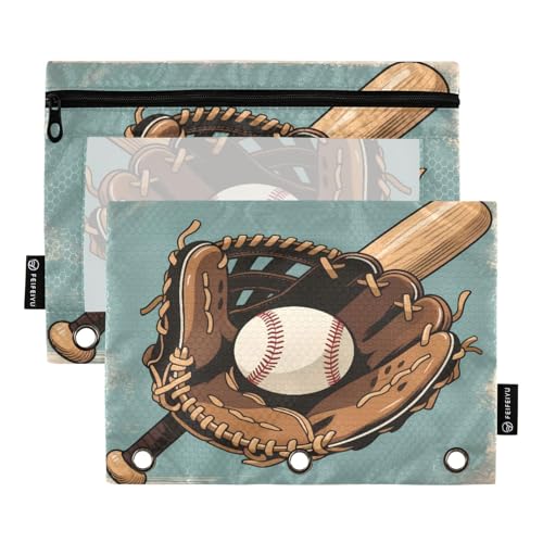 Nexawaveo Retro-Baseball-Ausrüstung, blau, 2er-Pack, Federmäppchen-Set für 3-Ringbinder, glatter Reißverschluss mit transparentem PVC-Fenster, Federmäppchen für Schulbedarf von Nexawaveo