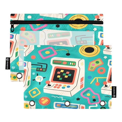 Nexawaveo Retro Gaming Aqua Federmäppchen-Set für 3-Ringbinder, glatter Reißverschluss mit transparentem PVC-Fenster, Federmäppchen für Schulbedarf, 2 Stück von Nexawaveo