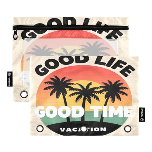 Nexawaveo Retro Palm Sunset Federmäppchen-Set für 3-Ringbinder, glatter Reißverschluss mit transparentem PVC-Fenster, Federmäppchen für Schulbedarf, 2 Stück von Nexawaveo