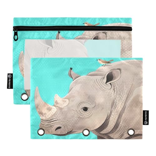 Nexawaveo Rhino and Bird Federmäppchen-Set für 3-Ringordner, glatter Reißverschluss mit transparentem PVC-Fenster, türkis, 2 Stück von Nexawaveo