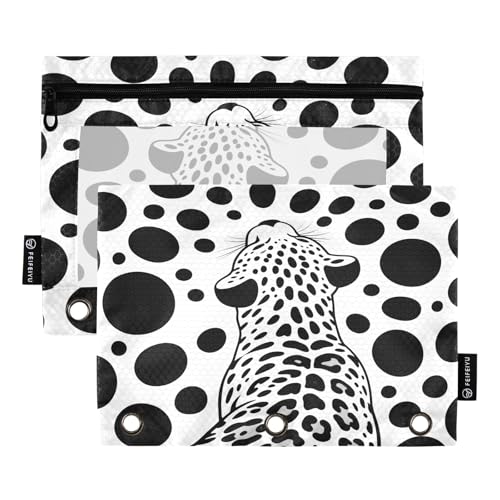 Nexawaveo Silhouette Leopard schwarz-weiß, 2 Stück, Federmäppchen-Set für 3-Ringbinder, glatter Reißverschluss mit transparentem PVC-Fenster, Federmäppchen für Schulbedarf von Nexawaveo