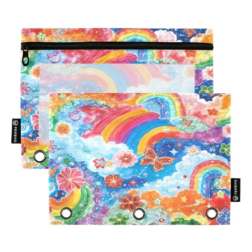 Nexawaveo Skurriles Regenbogen-Cloudscape-Federmäppchen-Set für 3-Ringbinder, glatter Reißverschluss mit transparentem PVC-Fenster, Federmäppchen für Schulbedarf, 2 Stück von Nexawaveo
