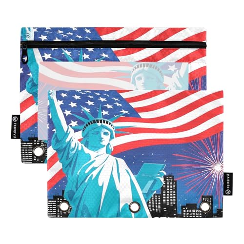Nexawaveo Statue Liberty Fireworks Federmäppchen-Set für 3-Ringbinder, glatter Reißverschluss mit transparentem PVC-Fenster, Federmäppchen für Schulbedarf, 2 Stück von Nexawaveo