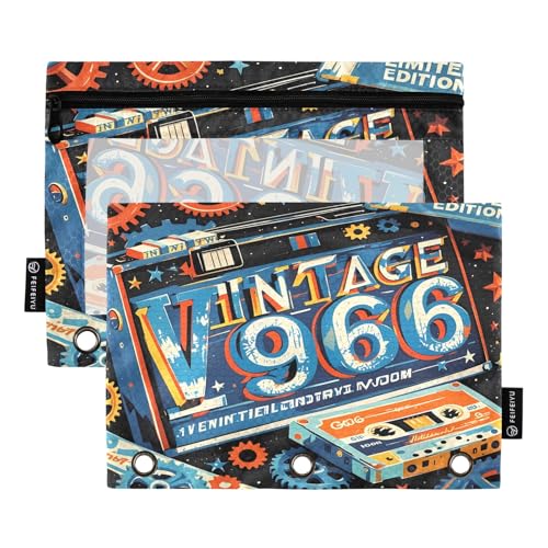 Nexawaveo Steampunk Retro-Kassetten-Federmäppchen-Set für 3-Ringbuch, glatter Reißverschluss mit transparentem PVC-Fenster, Federmäppchen für Schulbedarf, 2 Stück von Nexawaveo