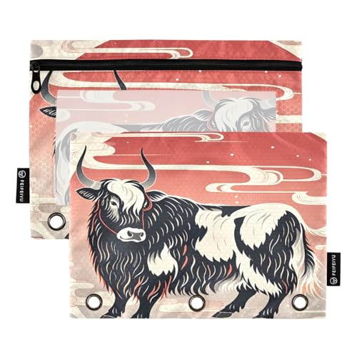 Nexawaveo Stilisiertes Federmäppchen-Set mit 3 Ringbüchern, glatter Reißverschluss mit transparentem PVC-Fenster, Federmäppchen für Schulbedarf, Highland Bull Rot, 2 Stück von Nexawaveo