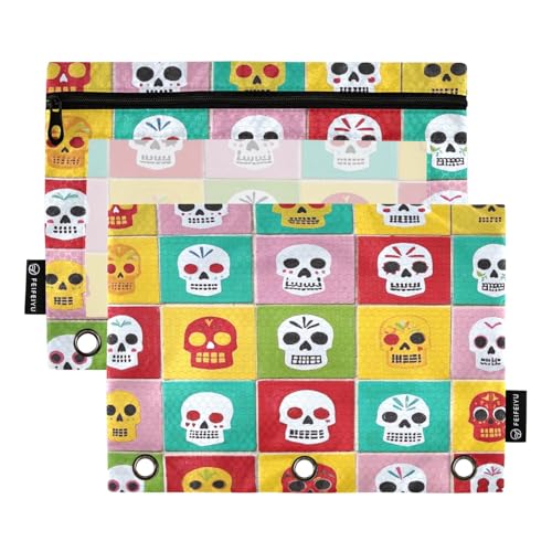 Nexawaveo Sugar Skulls Federmäppchen-Set für 3-Ringbinder, glatter Reißverschluss mit transparentem PVC-Fenster, Federmäppchen für Schulbedarf, 2 Stück von Nexawaveo
