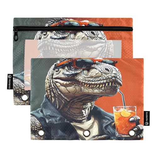 Nexawaveo T-rex Federmäppchen mit Getränk, Orange, 2er-Pack für 3-Ringbinder, glatter Reißverschluss mit transparentem PVC-Fenster, Federmäppchen für Schulbedarf von Nexawaveo