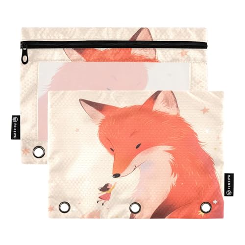 Nexawaveo Whimsical Red Fox Federmäppchen-Set für 3-Ringbinder, glatter Reißverschluss mit transparentem PVC-Fenster, Federmäppchen für Schulbedarf, 2 Stück von Nexawaveo