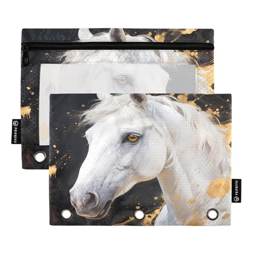 Nexawaveo White Horse Federmäppchen-Set für 3-Ringbinder, glatter Reißverschluss mit transparentem PVC-Fenster, Federmäppchen für Schulbedarf, Schwarz / Gold, 2 Stück von Nexawaveo