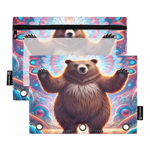 Psychedelic Bear Neon Federmäppchen-Set für 3-Ringbuch, glatter Reißverschluss mit transparentem PVC-Fenster, Federmäppchen für Schulbedarf, 2 Stück von Nexawaveo