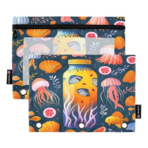 Sea Elements Federmäppchen-Set für 3-Ringbinder, glatter Reißverschluss mit transparentem PVC-Fenster, Marineblau, 2 Stück von Nexawaveo