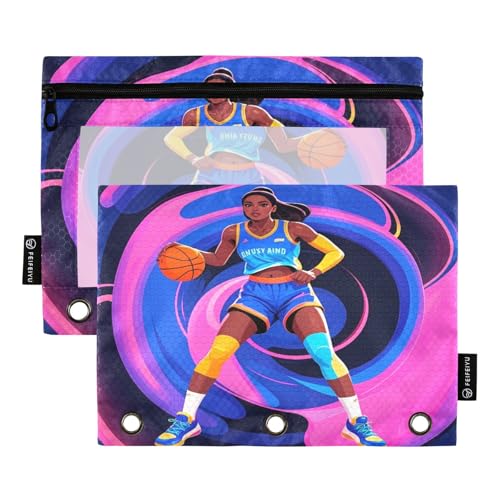 Stilisiertes Basketballspieler-Federmäppchen für 3-Ringbinder, glatter Reißverschluss mit transparentem PVC-Fenster, Federmäppchen für Schulbedarf, 2 Stück von Nexawaveo