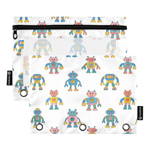 Vibrant Robots Federmäppchen-Set für 3-Ringbinder, glatter Reißverschluss mit transparentem PVC-Fenster, Federmäppchen für Schulbedarf, Weiß, 2 Stück von Nexawaveo