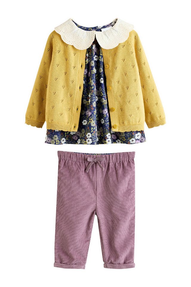Next Langarmshirt & Leggings 3-teiliges Baby-Set, Strickjacke, Top + Cordhose (3-tlg) von Next