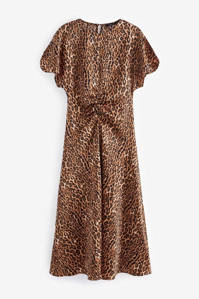 Next Midikleid Gerafftes Satinkleid in Knitteroptik mit Leo-Print (1-tlg) von Next