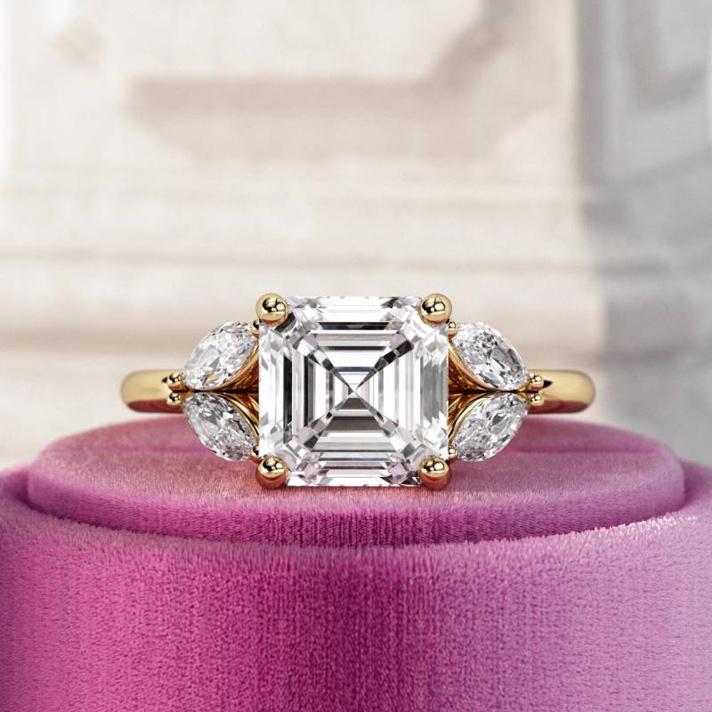 2 Karat Asscher Cut Lab Made Diamant Natur Inspiriert Ring/Blatt Und Zweig Verlobungsring in Gelbgold E Vvs2 Igi Zertifiziert von NextDiamonds