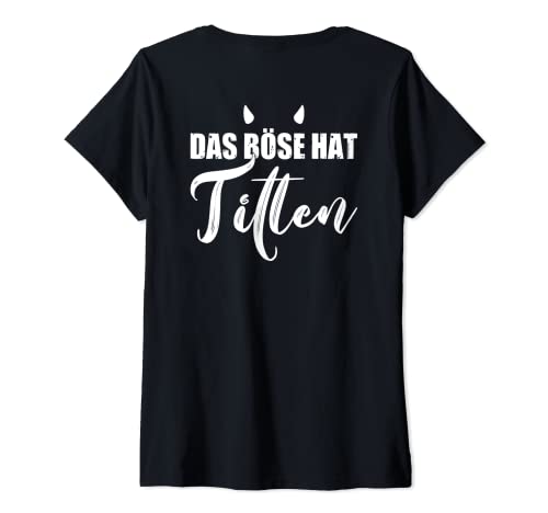 Damen Backprint Das Böse hat Titten Titen schwarzer Humor Frauen T-Shirt mit V-Ausschnitt von NextLevel Merch