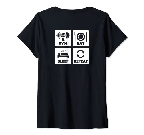 Damen Backprint Gym eat sleep repeat Fitness essen schlafen T-Shirt mit V-Ausschnitt von NextLevel Merch