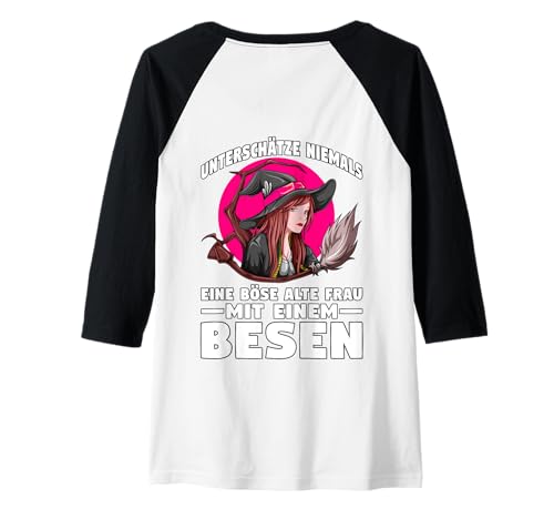 Damen Backprint Unterschätze Niemals eine böse alte Frau mit Besen Raglan von NextLevel Merch