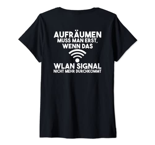 Damen Backprint WLAN Signal Zimmer aufräumen Informatiker Spruch T-Shirt mit V-Ausschnitt von NextLevel Merch