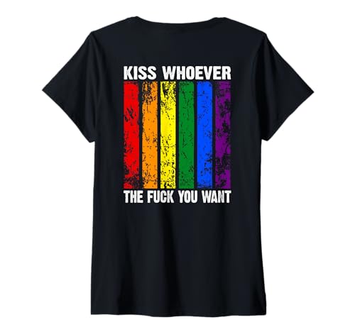 Damen Backprint kiss whoever the fuck you want LGBTQIA+ Regenbogen T-Shirt mit V-Ausschnitt von NextLevel Merch