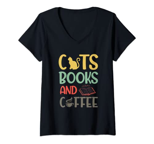 Damen Cats books and coffee Katzen Bücher und Kaffee T-Shirt mit V-Ausschnitt von NextLevel Merch