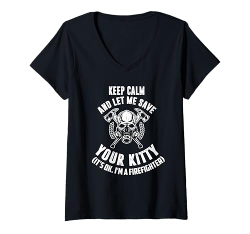 Damen Keep Calm an let me Save Your Kitty. Its ok I´m Firefighter T-Shirt mit V-Ausschnitt von NextLevel Merch