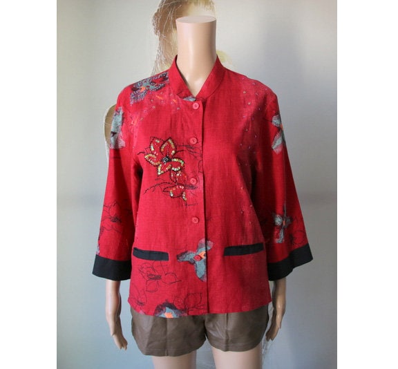 Frauen Rot Schwarz Grau Bluse Mit Perlen Und Pailletten 3/4 Ärmel Kleine Größe Geschmückt von Nextgemvintage