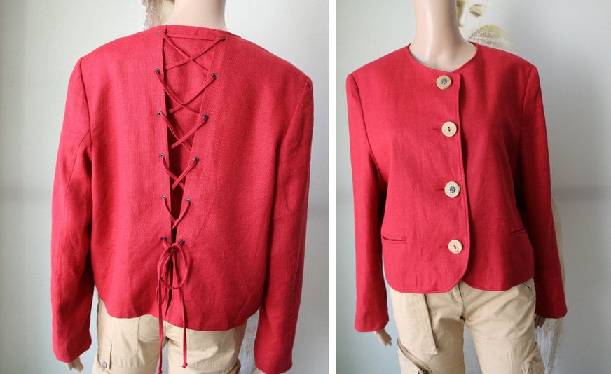 Rotes Leinen Viskose Dirndl Blazer Trachten Alpen Bayern Volksanzug Großformat Jacke von Nextgemvintage