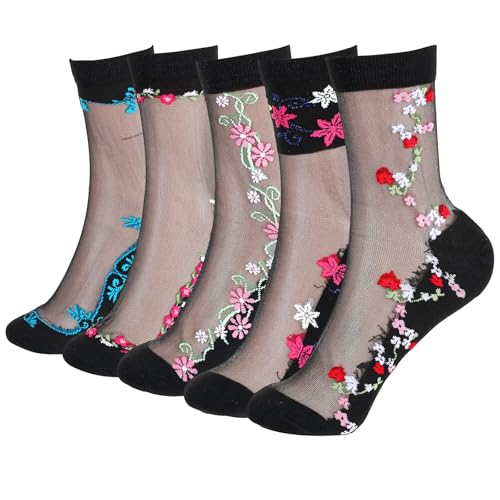 5 Paar Transparent Söckchen mit Rüschen, Ultradünne Knöchelsocken, Nylonstrümpfe Damen Blumen Socken Vintage Netzstoff Rüschen Söckchen Durchsichtige Seidenstrümpfe Lässig Spitzensocken für Frauen von Neyauo