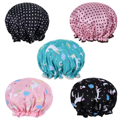 5 Stück Elastische Duschhauben Kinder Doppellagig Shower Cap Wiederverwendbare Wasserdichte Duschhaube mit Einhorn für Damen Dusche Spa von Neyauo