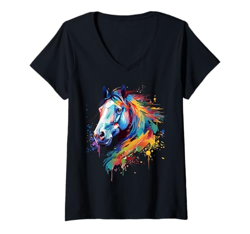 Damen Bunte Nez Perce Pferdefreunde Splash Art T-Shirt mit V-Ausschnitt von Nez Perce Horses Art Apparel