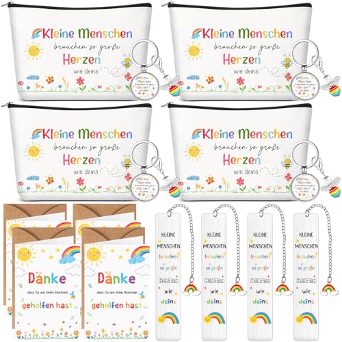 Nezyo 4 Sets Abschiedsgeschenke für Erzieherin Kindergarten Lehrerin Geschenk Dankeskarten Perlenengel Schlüsselanhänger Kosmetiktasche Lesezeichen Lehrer Dankeschön Geschenke für Tagesmutter Kita von Nezyo