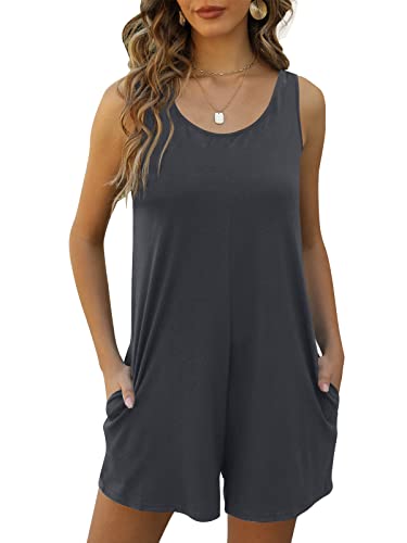 Nfsion Damen Sommer Casual Lose Tank Strampler Ärmellos Rundhalsausschnitt Jumpsuit Shorts Strampler mit Taschen, Dunkel_Grau, X-Large von Nfsion