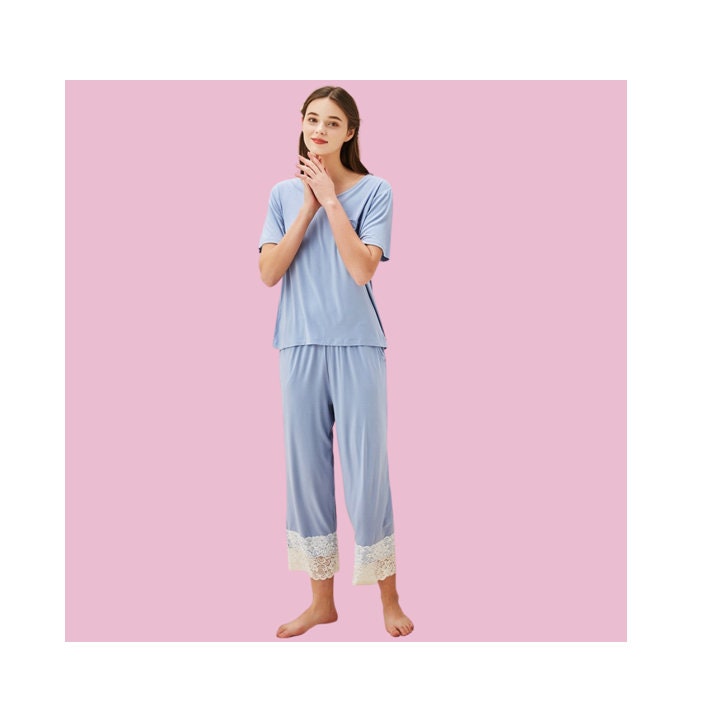 Super Weicher Damen Sommer Kurzarm Pyjama Set, Bambus Nachthemd, Babydoll Brautjungfer Pyjama, Matt Blau Rosa, Geschenke von NgNgOoh