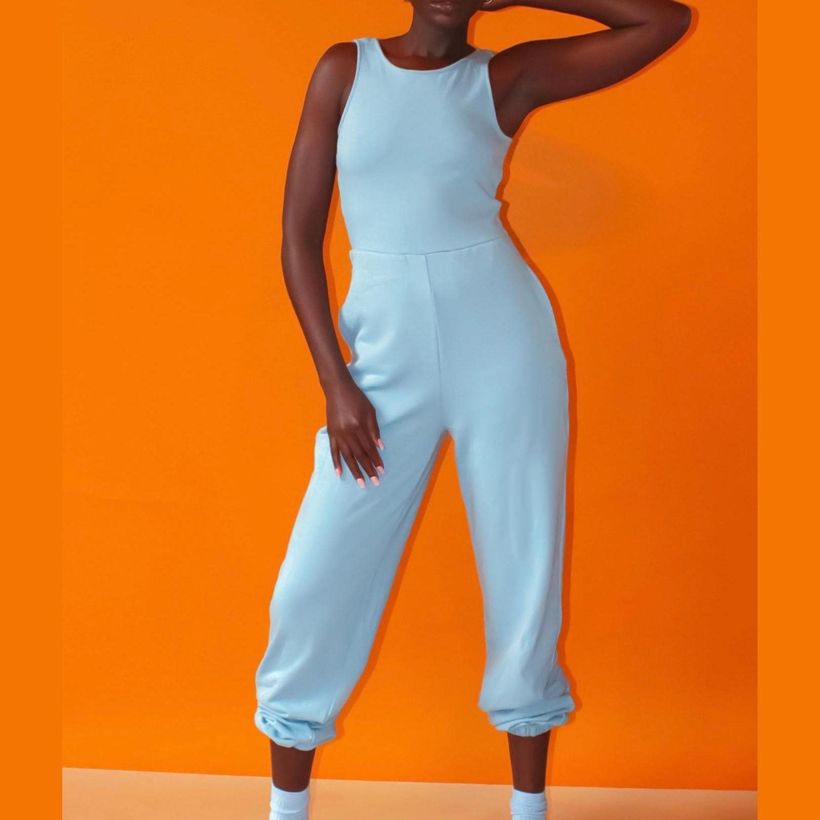 Himmelblauer French Terry Jumpsuit Tank-Jogger Mit Hoher Taille von NgoBolingo