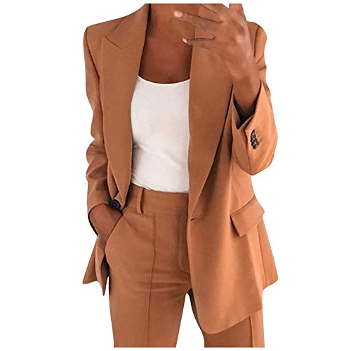 Blazer Damen Elegant Lang Langarm Blazer Sakko Einfarbig Anzüge Umlegekragen Business Büro Mantel Slim Bolero Jacke mit Tasche (Braun, L) von Nhainel