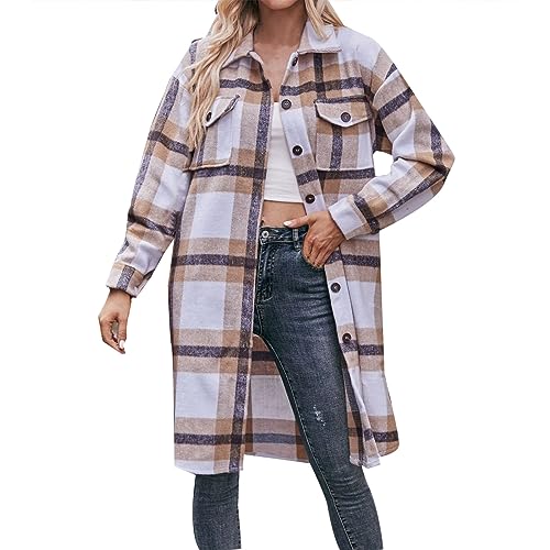 Flanellhemd Damen Frauen Lang Kariertes Mantel Langarm Holzfällerjacke Button Down Freizeithemd Hemdjacke Karierte Shacket Langarm Hemd Bluse Mantel Flanell Jacke von Nhainel