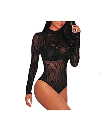 Nhainel Body Damen Sexy Oberteil Sheer Mesh Langarm/Kurzarm Bodysuit Bluse Tops Spitzenbody (A-Schwarz, XXXL) von Nhainel