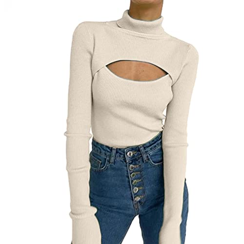 Nhainel Damen Langarm Top mit Cut-Out Ausschnitt & Turtleneck Rollkragen, Longsleeve Top mit hohem Kragen von Nhainel