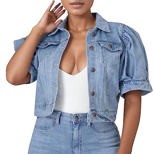 Nhainel Jeansjacke Damen Kurzarm Knopfleiste Jeansjacke Crop Kurze Denim Jacke Damen Sommer Sommerjacke Leichte Sommerjacke Jeansjacke Damen Kurz von Nhainel