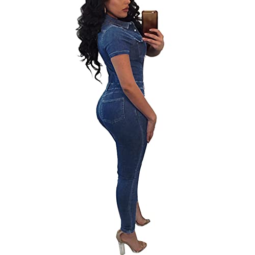 Nhainel Jumpsuit Damen Jeans Overall Kurzarm Jumpsuit Hosenanzug Skinny Fit Denim-Overall Jeansoverall (Blau, L) von Nhainel