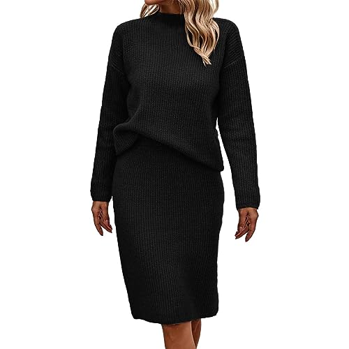 Strickkleid Damen Zweiteiliger Anzug Pullover Oberteil und Knielang Strickrock Bodycon Pullover Rock Set Midikleid Rollkragen Pulloverkleid Herbst Winter von Nhainel