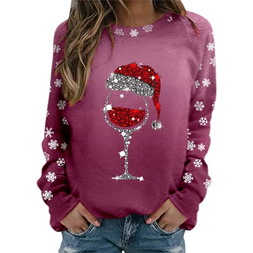 Weihnachts Pullis Damen Weinglas Muster Christmas Sweater Casual Lose Langarmshirt Weihnachtsdruck Xmas Pulli Shirt Frauen Jumper Bluse Tops Longshirt Oberteil Sweatshirts Kapuzenpullover von Nhainel