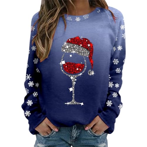 Weihnachts Pullis Damen Weinglas Muster Christmas Sweater Casual Lose Langarmshirt Weihnachtsdruck Xmas Pulli Shirt Frauen Jumper Bluse Tops Longshirt Oberteil Sweatshirts Kapuzenpullover von Nhainel